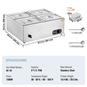 Buffet Food Warmer | 4x8Qt Countertop Bain Marie