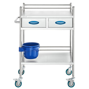 Lab Utility Cart | 2-Tier Stainless Steel Rolling Cart with 2 Drawers, Locking Wheels & Bucket | Medical, Dental & Laboratory Use