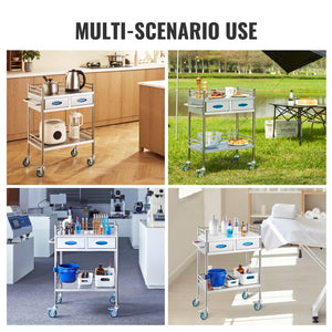 Lab Utility Cart | 2-Tier Stainless Steel Rolling Cart with 2 Drawers, Locking Wheels & Bucket | Medical, Dental & Laboratory Use