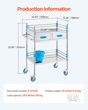 Lab Utility Cart | 2-Tier Stainless Steel Rolling Cart with 2 Drawers, Locking Wheels & Bucket | Medical, Dental & Laboratory Use