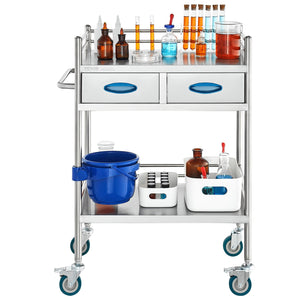Lab Utility Cart | 2-Tier Stainless Steel Rolling Cart with 2 Drawers, Locking Wheels & Bucket | Medical, Dental & Laboratory Use