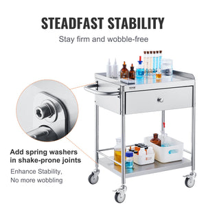 Medical Utility Cart | 2-Tier Stainless Steel with Drawer & Silent Wheels | 100kg Capacity