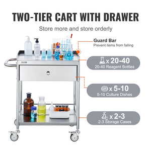 Medical Utility Cart | 2-Tier Stainless Steel with Drawer & Silent Wheels | 100kg Capacity