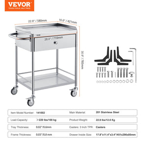 Medical Utility Cart | 2-Tier Stainless Steel with Drawer & Silent Wheels | 100kg Capacity
