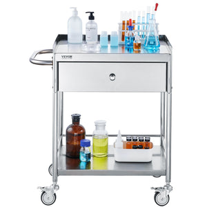 Medical Utility Cart | 2-Tier Stainless Steel with Drawer & Silent Wheels | 100kg Capacity
