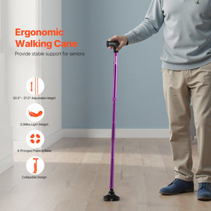 Folding Walking Cane | 8-Level Adjustable Height with 4-Prong Base