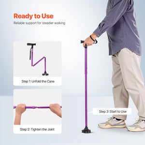 Folding Walking Cane | 8-Level Adjustable Height with 4-Prong Base