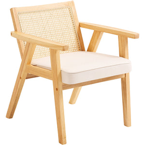 Rattan Dining Chair | Mid-Century Modern Armrest Chair with Upholstered Seat | Beige Retro Rattan Back for Dining, Living, Office