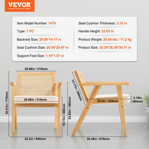 Rattan Dining Chair | Mid-Century Modern Armrest Chair with Upholstered Seat | Beige Retro Rattan Back for Dining, Living, Office