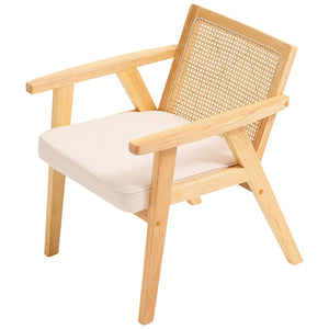 Rattan Dining Chair | Mid-Century Modern Armrest Chair with Upholstered Seat | Beige Retro Rattan Back for Dining, Living, Office