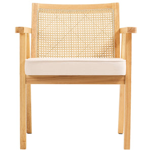 Rattan Dining Chair | Mid-Century Modern Armrest Chair with Upholstered Seat | Beige Retro Rattan Back for Dining, Living, Office