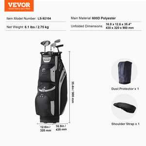 Golf Cart Bag 14-Way Divider | 13 Pockets | 600D Polyester | With Handles, Dust Cover & Detachable Straps | Black Colour-Block