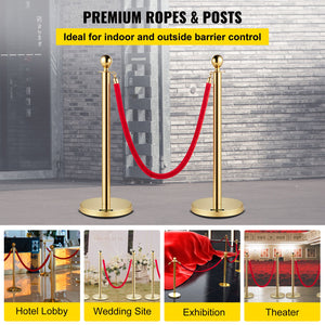 Velvet Ropes & Posts 4 Pack | 1.5m Red Rope with Stainless Steel Gold Stanchions & Ball Top | Queue Barrier for Events, Weddings & Theatres