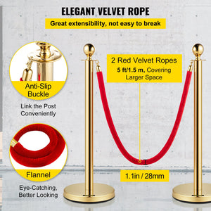 Velvet Ropes & Posts 4 Pack | 1.5m Red Rope with Stainless Steel Gold Stanchions & Ball Top | Queue Barrier for Events, Weddings & Theatres