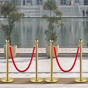Velvet Ropes & Posts 4 Pack | 1.5m Red Rope with Stainless Steel Gold Stanchions & Ball Top | Queue Barrier for Events, Weddings & Theatres