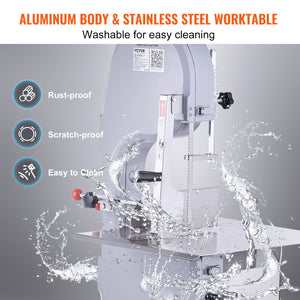 Commercial Meat Bandsaw 1100W | Stainless Steel Bone Saw | Adjustable 4mm-200mm Thickness | 6 Blades