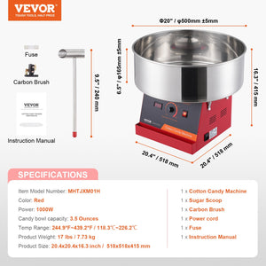Cotton Candy Machine | 1000W Commercial Candy Floss Maker with Bowl & Scoop | Home & Party Use – Red