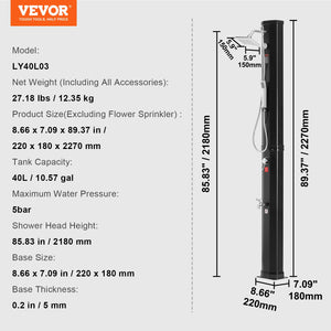 Outdoor Solar Heated Shower 40L | Poolside Kit with Overhead & Foot Shower Tap | Fast Assembly | For Backyard, Pool & Beach