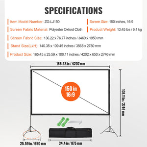 Projector Screen with Stand 150 Inch | 16:9 4K HD Wrinkle-Free Outdoor Movie Screen | Tripod Stand & Carry Bag Included