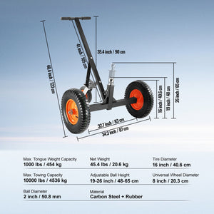 Adjustable Trailer Dolly | 1000lb Tongue Weight Capacity | 2" Ball, Pneumatic Tires, 19–26" Adjustable Height for RV, Boat, Trailer