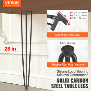 Hairpin Table Legs 0.7m | Set of 4 | 408kg Load Capacity | 3-Rod Solid Carbon Steel Black