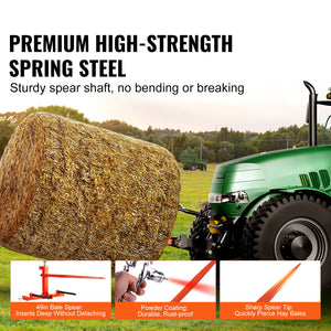 Hay Spear | 49" Bale Spike | 726kg Load | 3-Point Hitch Tractor Attachment with 2x 17.5" Stabilizer Spears