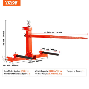 Hay Spear | 49" Bale Spike | 726kg Load | 3-Point Hitch Tractor Attachment with 2x 17.5" Stabilizer Spears