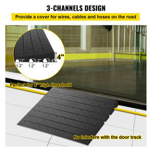 Rubber Threshold Ramp 4 Inch Rise | 3 Channel Cord Cover | Solid Rubber Doorway Entry Ramp | 2200lbs Load Capacity | Wheelchair & Scooter Access Ramp