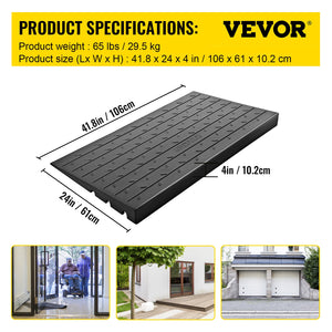 Rubber Threshold Ramp 4 Inch Rise | 3 Channel Cord Cover | Solid Rubber Doorway Entry Ramp | 2200lbs Load Capacity | Wheelchair & Scooter Access Ramp