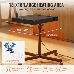 Flash Dryer 18x18 Inch | Adjustable Stand & 360° Rotation | 0-750℉ Temperature Control | Silk Screen Printing Dryer for T-Shirt Curing