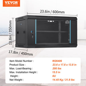 6U Wall Mount Network Cabinet 15.5" Deep | Locking Glass Door & Side Panels | 200lbs Capacity | For IT Equipment & AV Devices