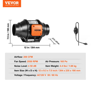 Inline Duct Fan | 102mm 129.7 CFM Ventilation Booster | Variable Speed AC Motor for Grow Tents