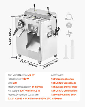 Meat Grinder & Slicer | 6.35kg/min Sausage Maker | Stainless Steel