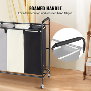 Laundry Sorter Cart | 3-Section Heavy Duty Hamper with Lockable Wheels | Clothes Storage Organizer