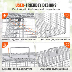 Live Animal Trap Cage | 50x20x26" Folding Galvanized Iron Humane Trap | For Stray Dogs, Raccoons, Foxes, Marmots