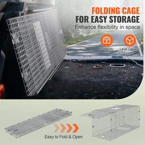 Live Animal Trap Cage | 50x20x26" Folding Galvanized Iron Humane Trap | For Stray Dogs, Raccoons, Foxes, Marmots