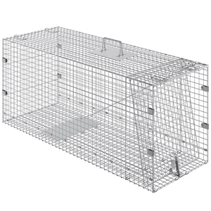 Live Animal Trap Cage | 50x20x26" Folding Galvanized Iron Humane Trap | For Stray Dogs, Raccoons, Foxes, Marmots