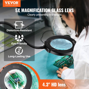 Floor Magnifying Glass 5X | LED Light with Stand & Flexible Gooseneck | Hands-Free Magnifier Lamp for Craft & Reading