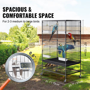 Large Bird Cage | 52" Carbon Steel Flight Cage for Parakeets, Cockatiels, Parrots & Macaws