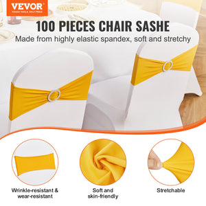 Chair Sashes | 100-Pack Golden Yellow Stretch Bands with Round Buckle | Wedding, Banquet & Party Chair Decoration