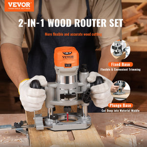 Wood Router 1.25HP 800W | Compact Router Tool with Plunge & Fixed Base | 30000RPM 6 Speeds | Includes Collets & Dust Hood