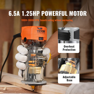 Wood Router 1.25HP 800W | Compact Router Tool with Plunge & Fixed Base | 30000RPM 6 Speeds | Includes Collets & Dust Hood