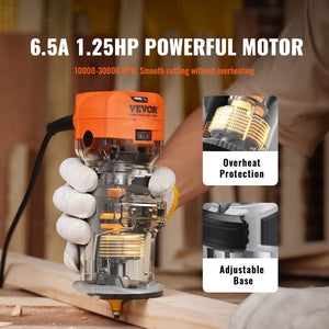 Wood Router 1.25HP 800W | 30,000RPM | 6-Speed Compact Trimmer with Collets & 12 Cutters