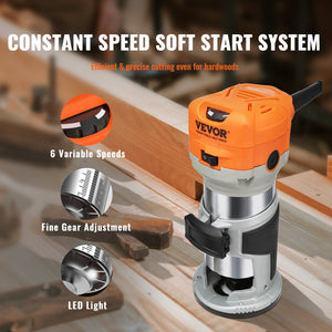 Wood Router 1.25HP 800W | 30,000RPM | 6-Speed Compact Trimmer with Collets & 12 Cutters