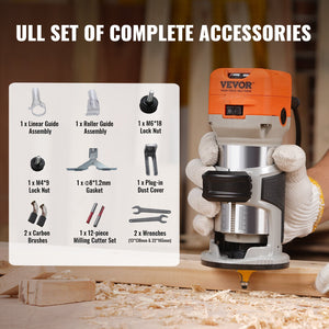 Wood Router 1.25HP 800W | 30,000RPM | 6-Speed Compact Trimmer with Collets & 12 Cutters