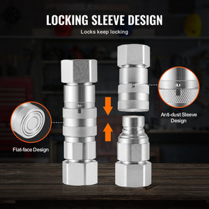 Hydraulic Couplers 1/2" Flat Face | 1/2" NPT Skid Steer Quick Connect | Includes 2 Dust Caps