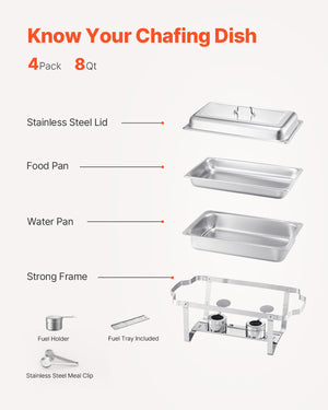 Chafing Dish Buffet Set | 8Qt 4-Pack Full-Size Stainless Steel