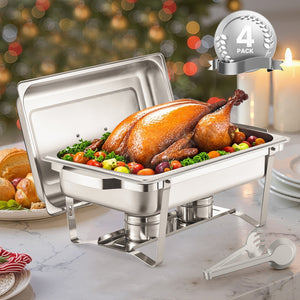 Chafing Dish Buffet Set | 8Qt 4-Pack Full-Size Stainless Steel