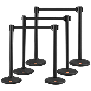 Crowd Control Stanchions 6 Pack | Plastic Queue Posts with 3 Black Retractable Belts | For Airports & Events