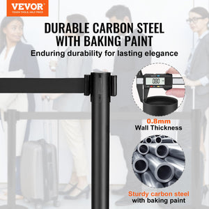 Crowd Control Stanchion Set | 2 Black Retractable Belt Posts | Carbon Steel Queue Barriers for Exhibitions, Events, Airports